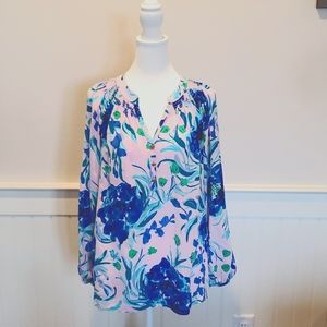 Worn once! Lilly "Elsa" silk, floral v-neck blouse.